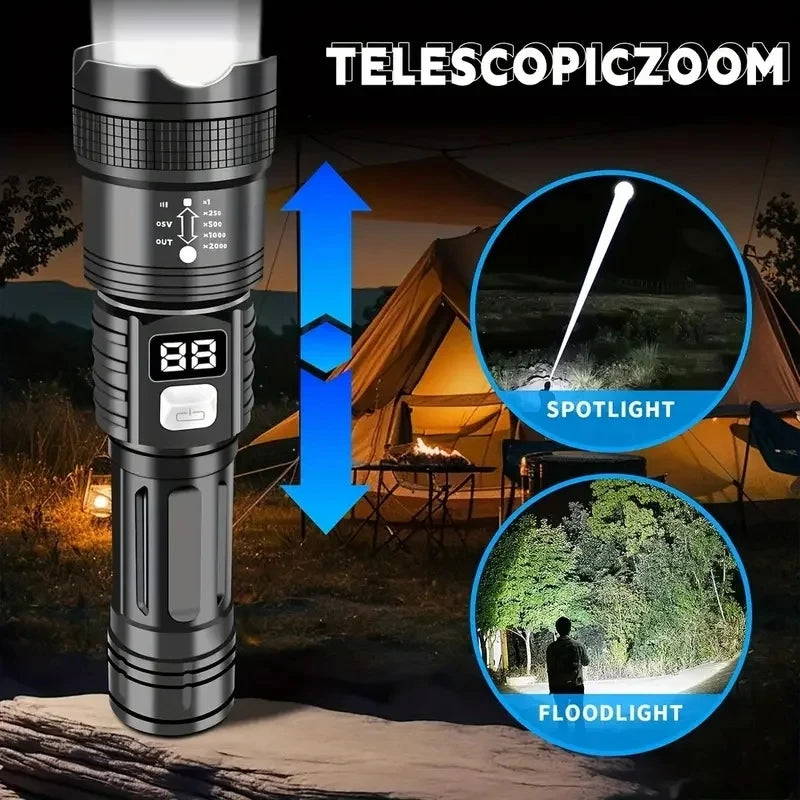 100000LM Super Bright Flashlight Type-C Rechargeable LED Torch Long Range Tactical Lamp for Outdoor Waterproof Camping Lantern