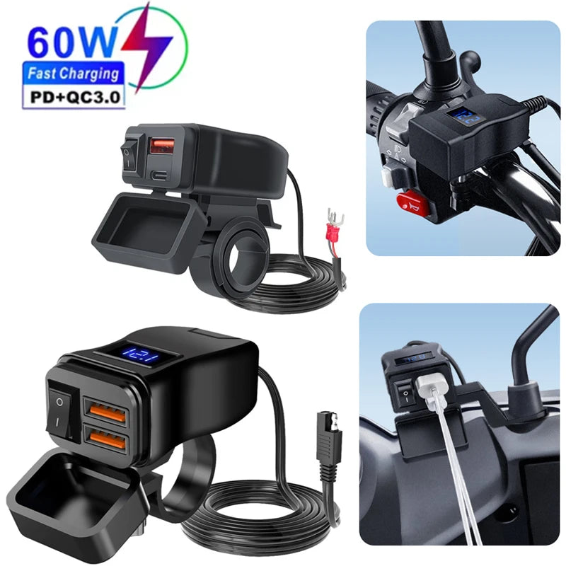 PD QC3.0 Motorcycle USB Fast Cellular Charger 12V Power Supply Adapter Type C Port Socket Connector with Switch Voltmeter