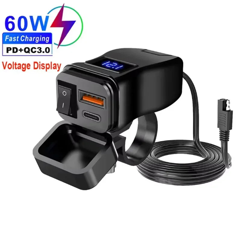 PD QC3.0 Motorcycle USB Fast Cellular Charger 12V Power Supply Adapter Type C Port Socket Connector with Switch Voltmeter