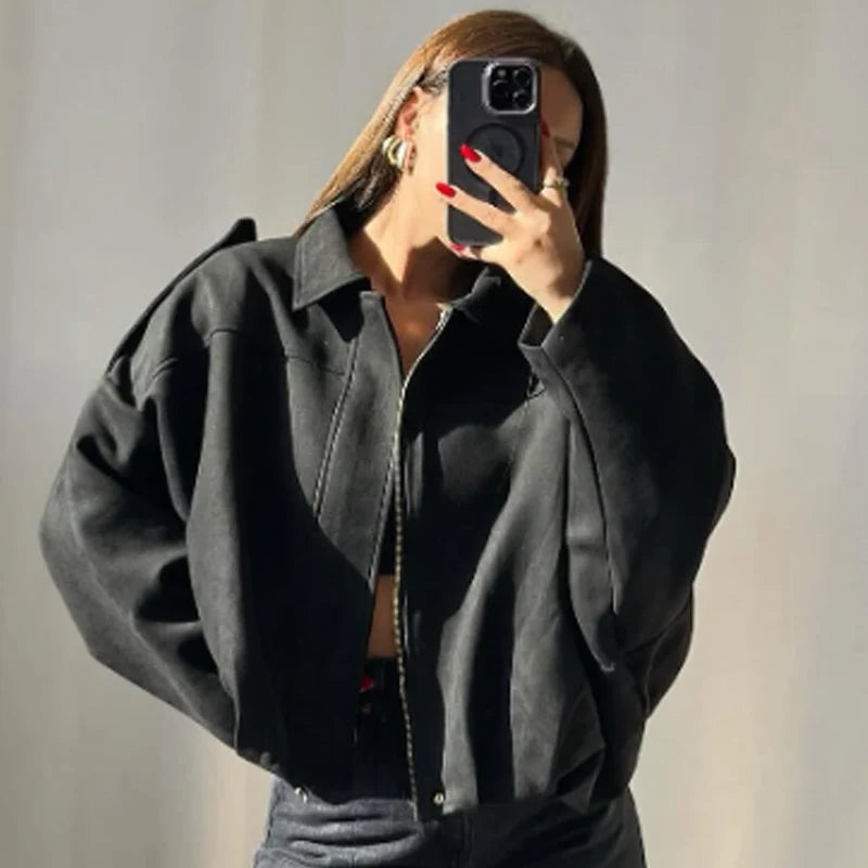 HXAO Suede Cropped Jacket Women's Bomber Jacket Oversized Batwing Sleeves Outerwears Lady Casual Loose Coat Street Style Jackets