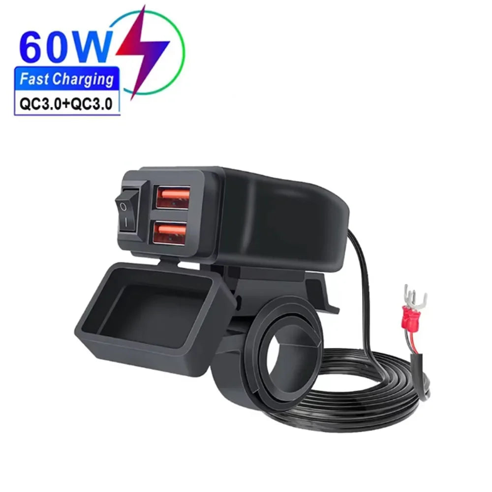 PD QC3.0 Motorcycle USB Fast Cellular Charger 12V Power Supply Adapter Type C Port Socket Connector with Switch Voltmeter