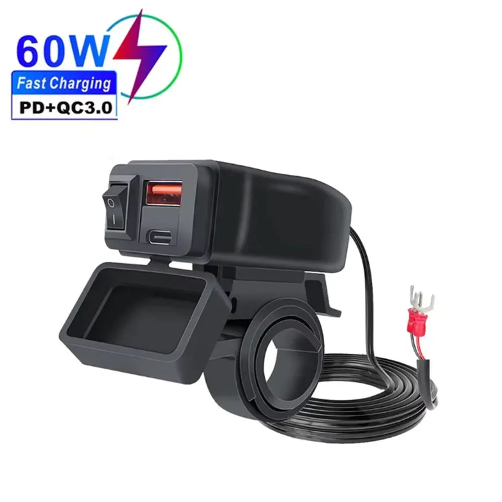 PD QC3.0 Motorcycle USB Fast Cellular Charger 12V Power Supply Adapter Type C Port Socket Connector with Switch Voltmeter