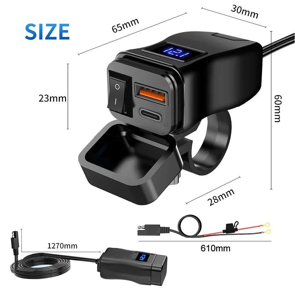 PD QC3.0 Motorcycle USB Fast Cellular Charger 12V Power Supply Adapter Type C Port Socket Connector with Switch Voltmeter