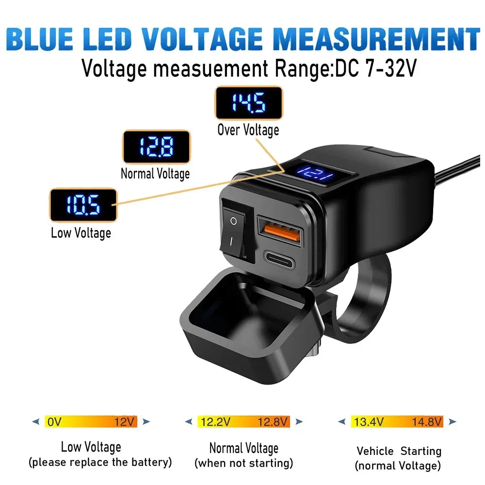 PD QC3.0 Motorcycle USB Fast Cellular Charger 12V Power Supply Adapter Type C Port Socket Connector with Switch Voltmeter