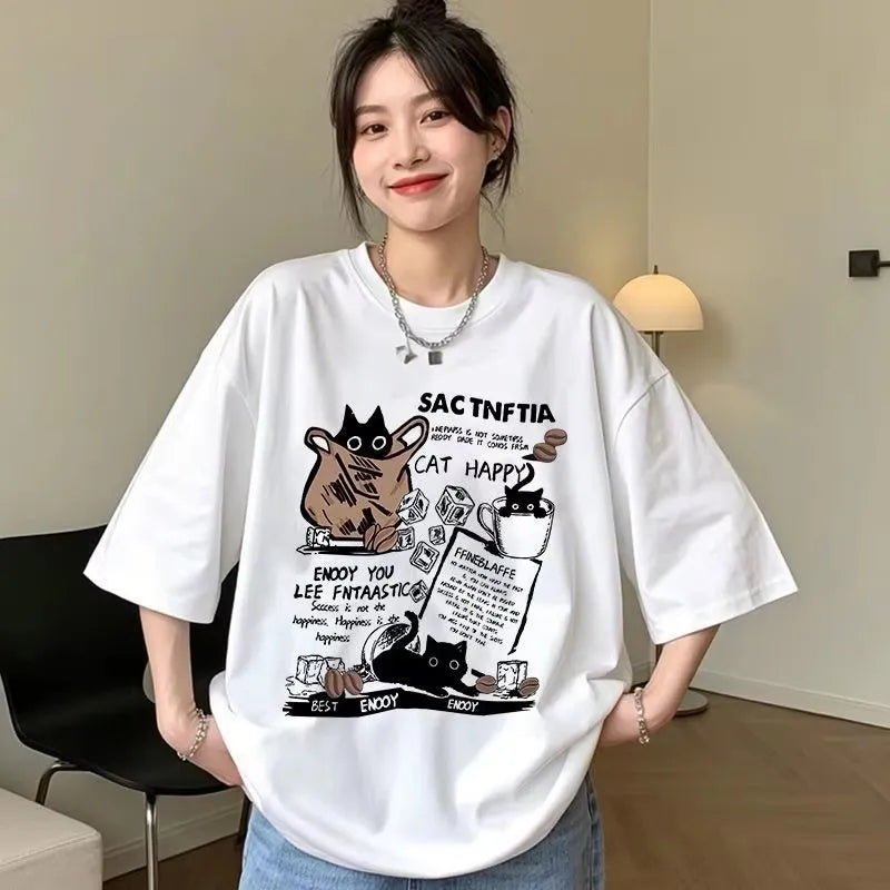 New Men Women T Shirt Pullover Oversize Korean version Cartoon Cat Group Printed T-Shirt Casual Short Sleeve Couples T-Shirt