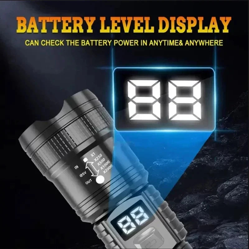 100000LM Super Bright Flashlight Type-C Rechargeable LED Torch Long Range Tactical Lamp for Outdoor Waterproof Camping Lantern