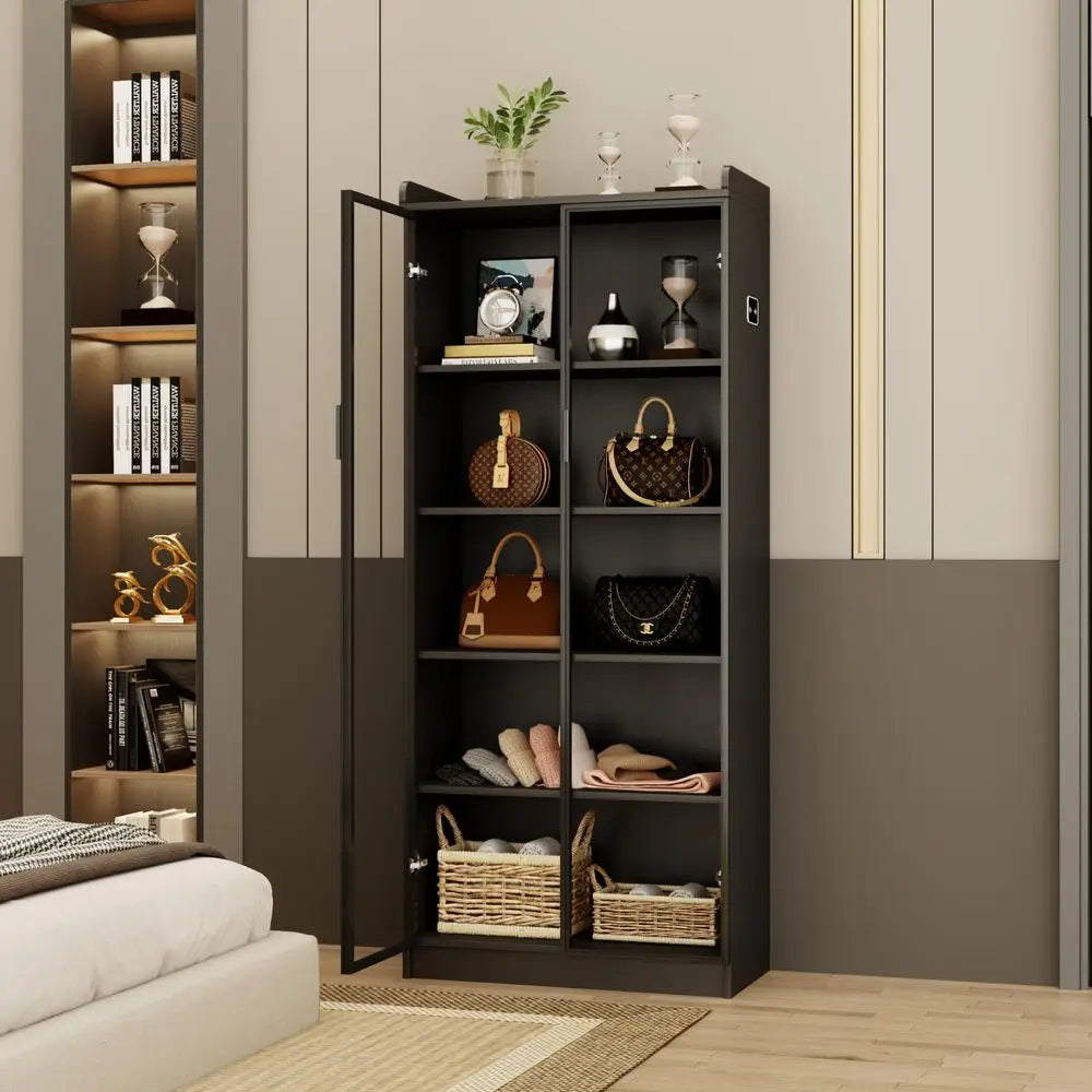 Display Cabinet with Adjustable Shelves, 65 Tall Bookcase with LED Lights Human Sensor, 5 Tier Display Case for Collectibles Be