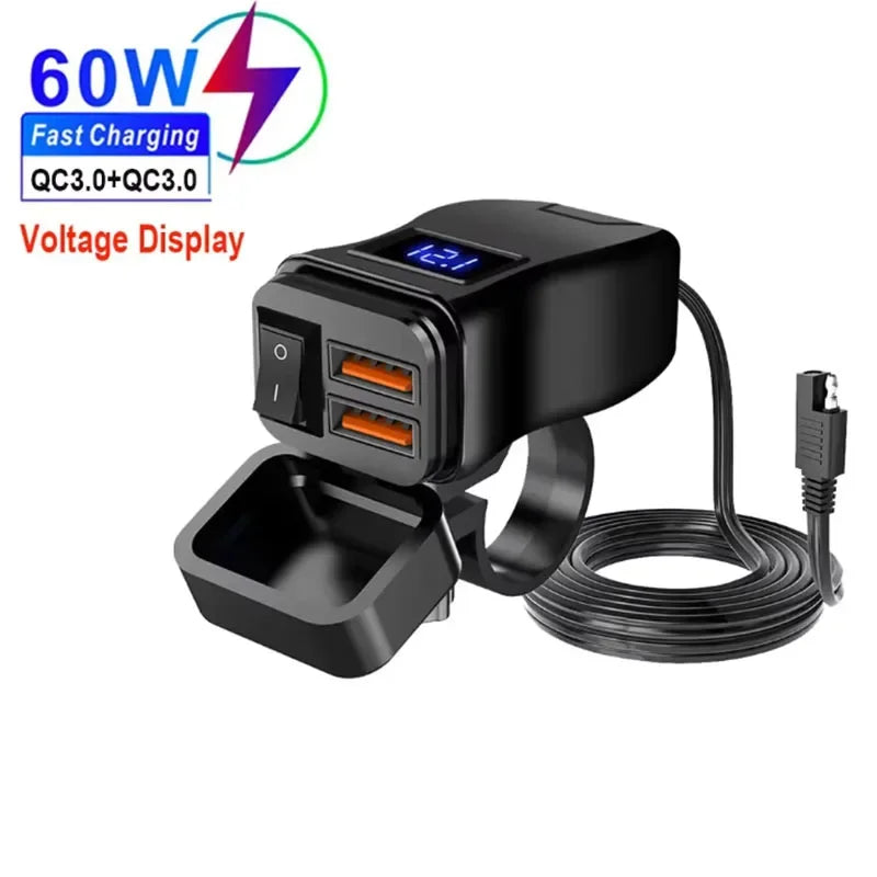 PD QC3.0 Motorcycle USB Fast Cellular Charger 12V Power Supply Adapter Type C Port Socket Connector with Switch Voltmeter