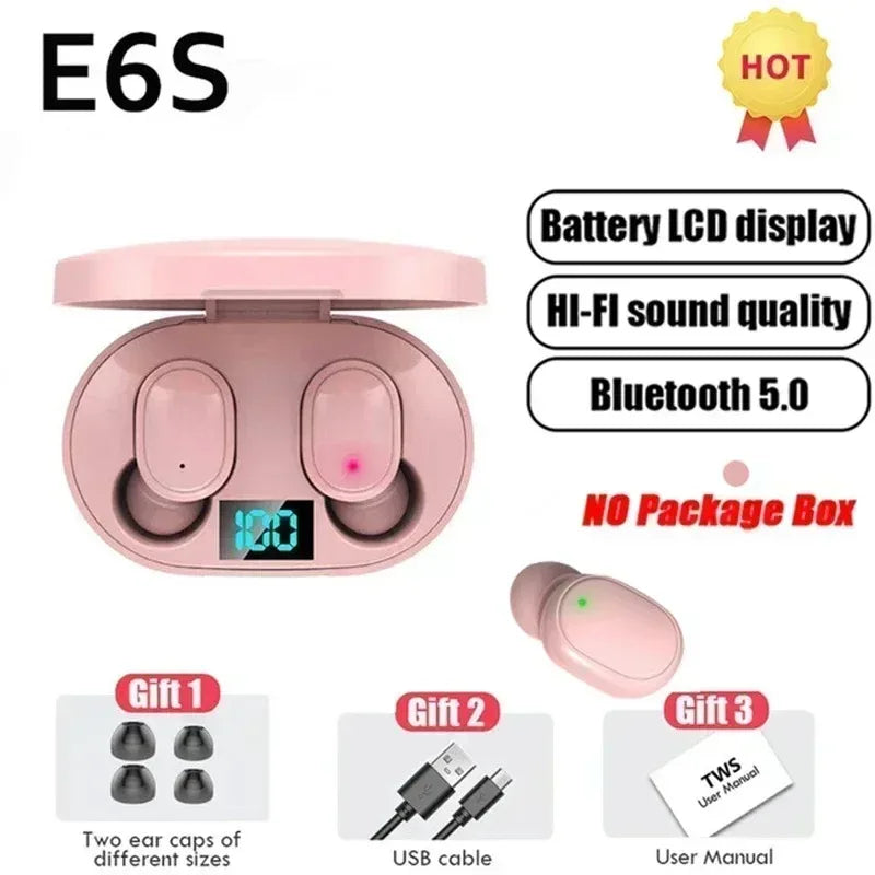 Digital Display Bluetooth Earphones with Mic TWS E6S Wireless Bluetooth Headset Noise Cancelling Headset for Xiaomi Huawei Oppo