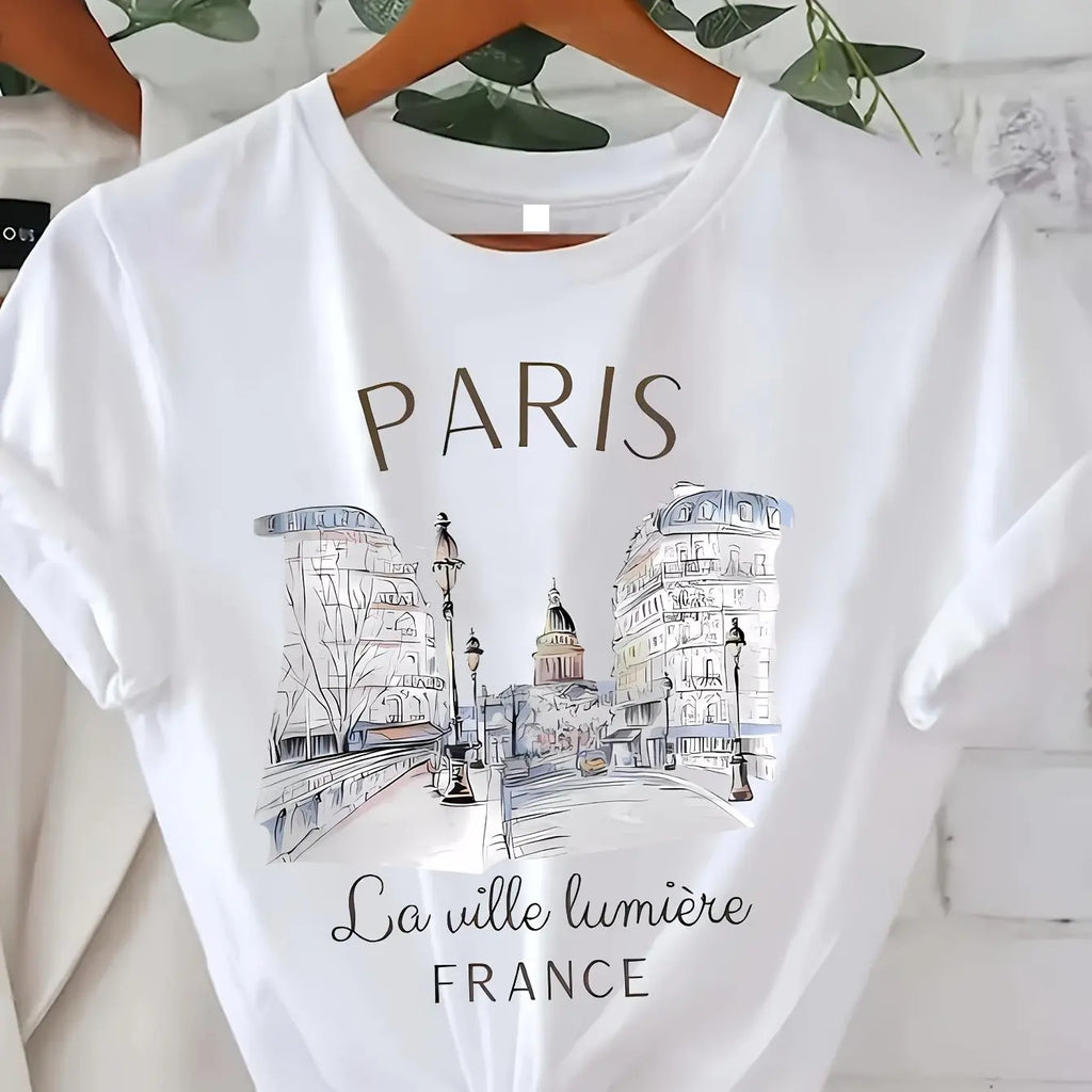 Asian Size 90s T Shirt Paris Women Print T-shirt Girl Short Sleeve Crew Neck Casual Top for Summer Spring Women's Clothing