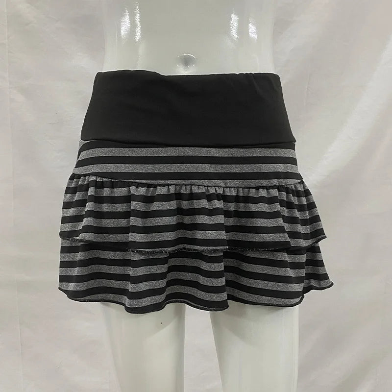 2026 Summer New Women's Wear  Y2K Grunge Black and Grey Striped Ruffle Mini Skirt  High Waist Elastic Waist Tight A-line Skirt