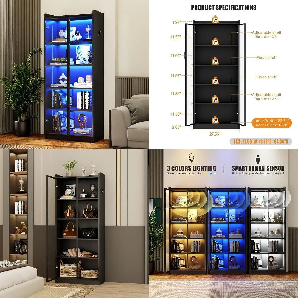 Display Cabinet with Adjustable Shelves, 65 Tall Bookcase with LED Lights Human Sensor, 5 Tier Display Case for Collectibles Be