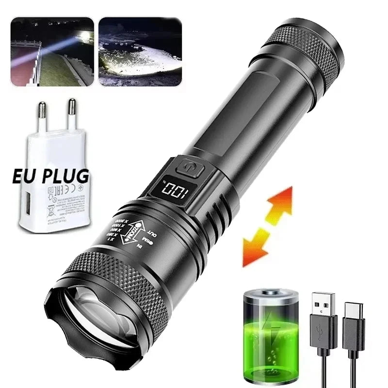 100000LM Super Bright Flashlight Type-C Rechargeable LED Torch Long Range Tactical Lamp for Outdoor Waterproof Camping Lantern