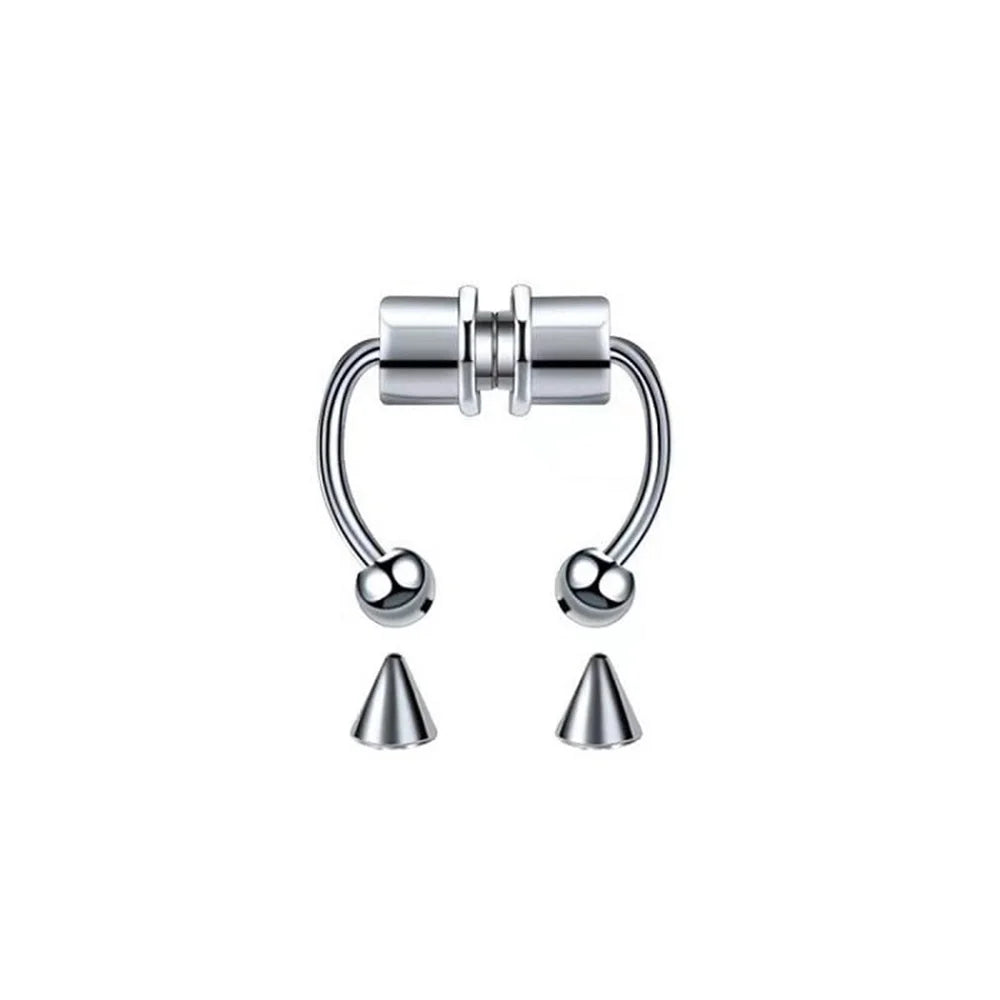 Punk Hip Hop Non-Pierced Magnetic Nose Ring For Ladies, Stainless Steel Clip On Fake Septum Jewelry Halloween Party Accessory