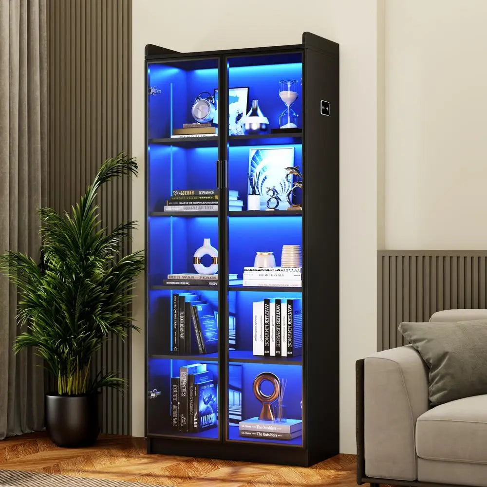 Display Cabinet with Adjustable Shelves, 65 Tall Bookcase with LED Lights Human Sensor, 5 Tier Display Case for Collectibles Be