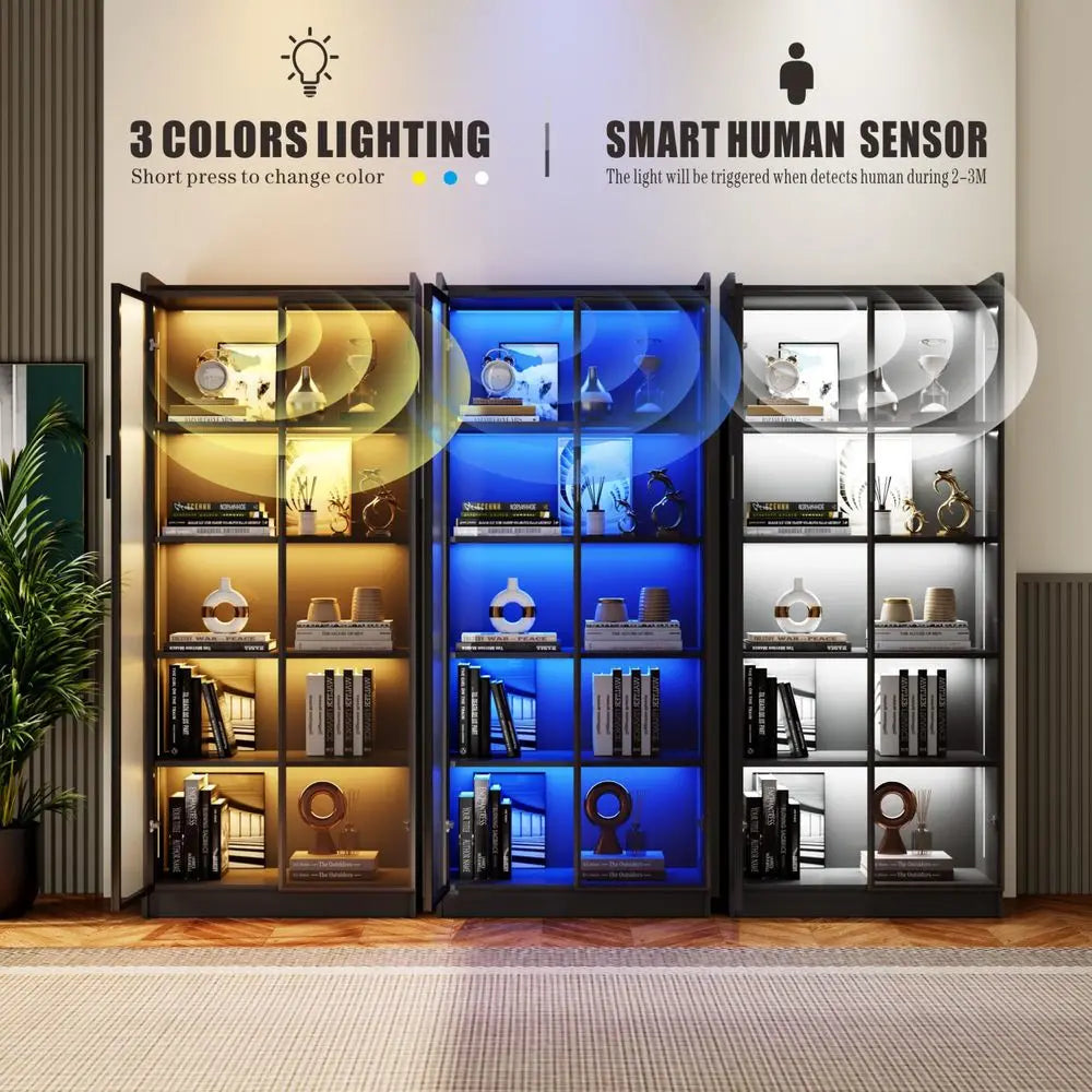 Display Cabinet with Adjustable Shelves, 65 Tall Bookcase with LED Lights Human Sensor, 5 Tier Display Case for Collectibles Be
