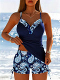 Women 2 Piece Tankini Swimsuit Paisley Print Patchwork Tank Top + Drawstring Boyshort Bathing Suit Tummy Control Modest Swimwear